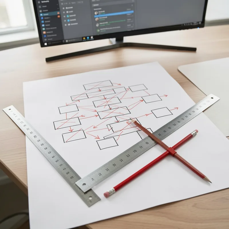 Poste de travail avec un plan de site imprimé annoté au crayon et un écran de gestion de contenu flou en arrière-plan