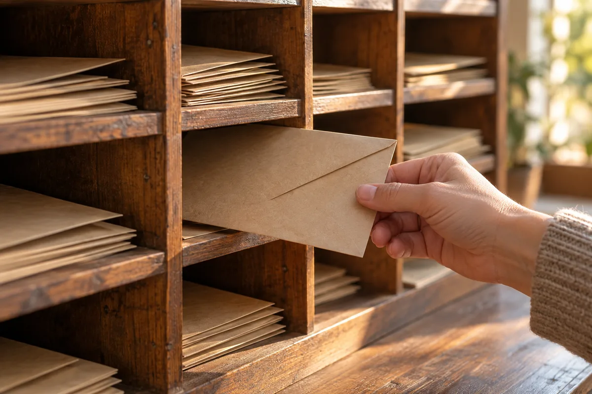 Casier en bois à compartiments rempli d&rsquo;enveloppes kraft unies, une main en retirant une