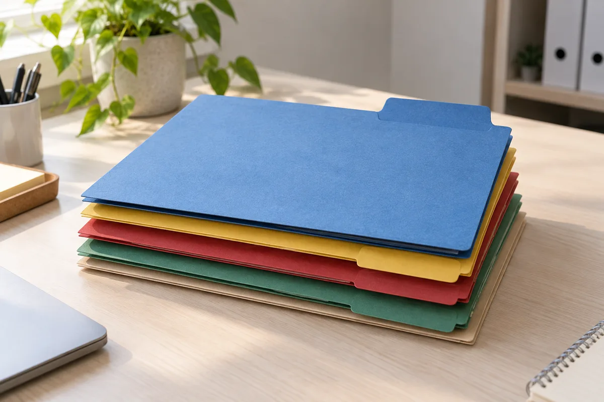 Pile de dossiers cartonnés fermés de couleurs unies avec un onglet vierge sur un bureau clair