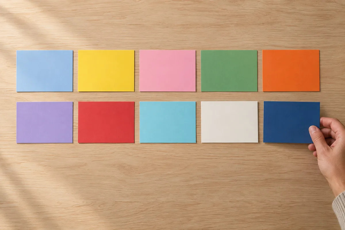 Dix fiches bristol de couleurs unies disposées en deux rangées sur une table en bois, une main posant la dernière fiche
