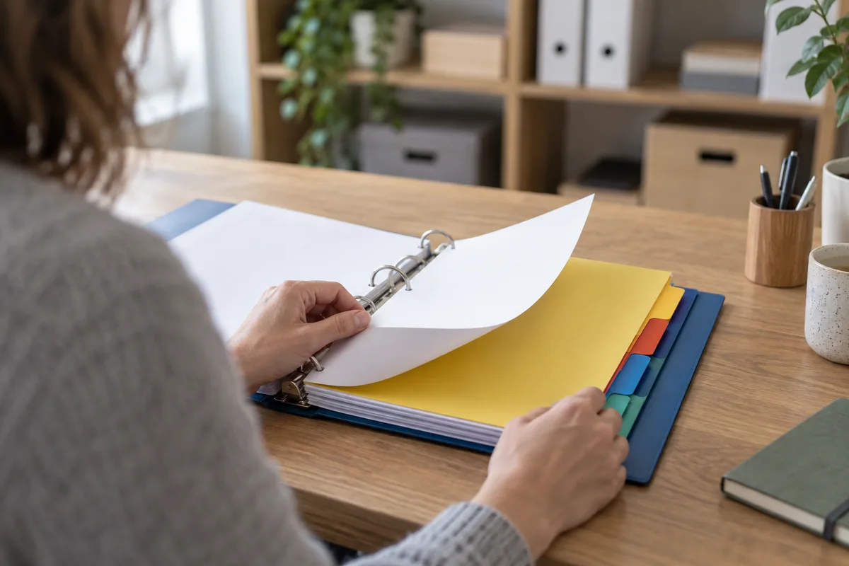 Mains feuilletant un classeur à intercalaires de couleurs unies sur un bureau, étagère floue en arrière-plan