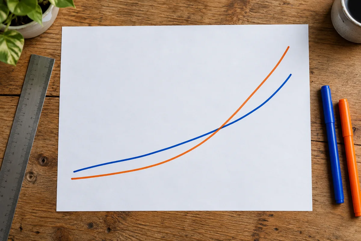 Grande feuille de papier sur une table, deux courbes tracées au feutre bleu et au feutre orange qui montent et se croisent
