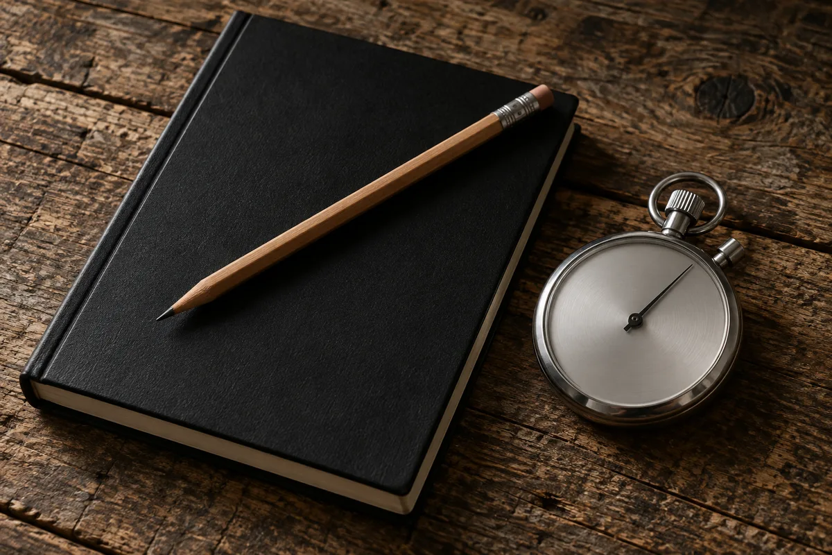 Carnet noir fermé avec un crayon posé dessus et un chronomètre mécanique sur une table en bois