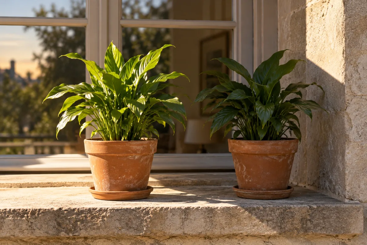 Deux plantes identiques en pot sur un rebord de fenêtre, l&rsquo;une au soleil, l&rsquo;autre à l&rsquo;ombre