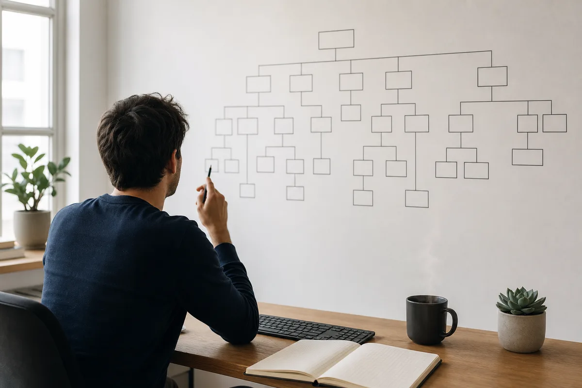 Consultant analysant l&rsquo;architecture d&rsquo;un site sur un schéma d&rsquo;arborescence au mur