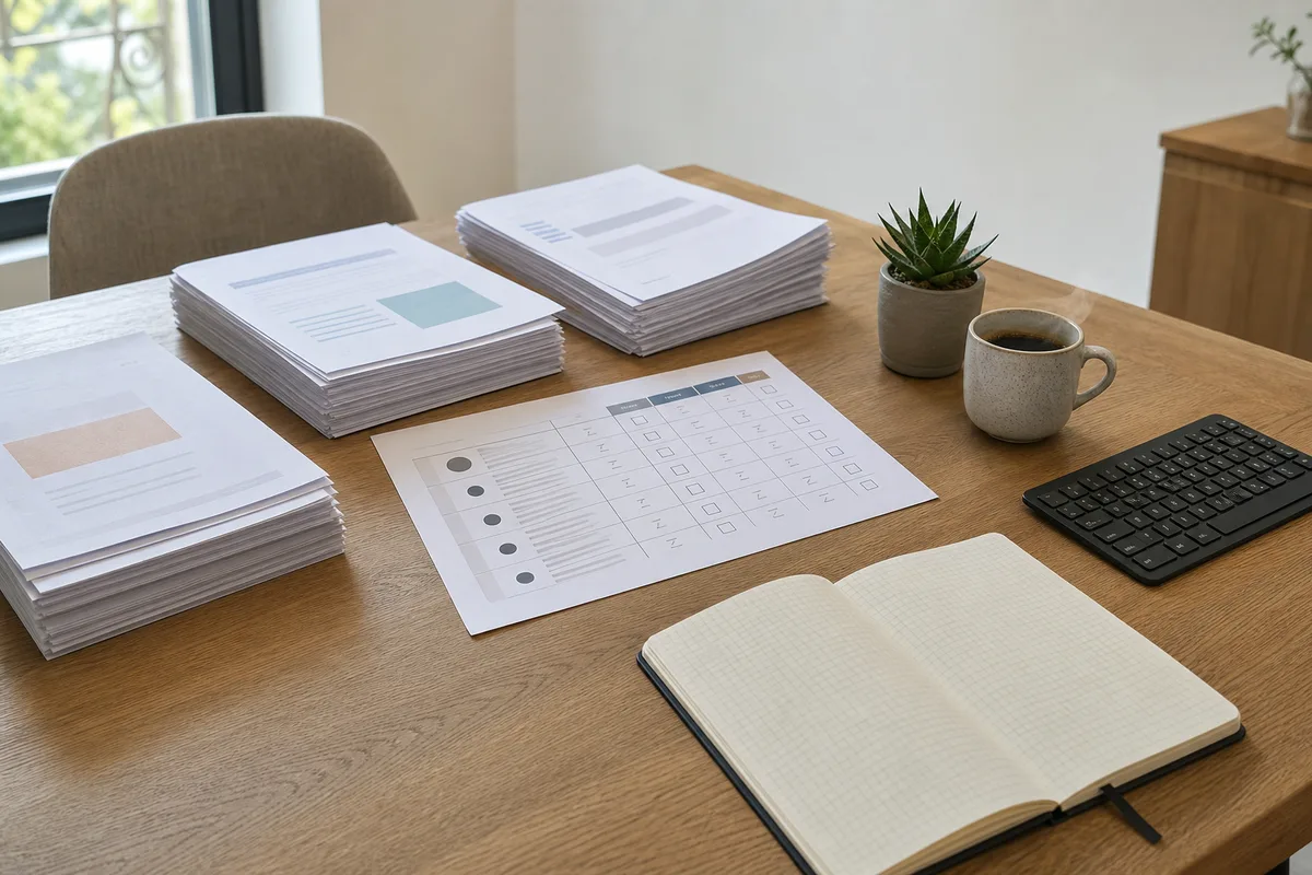 Grille d&rsquo;évaluation de prestataires posée sur une table de réunion avec plusieurs propositions