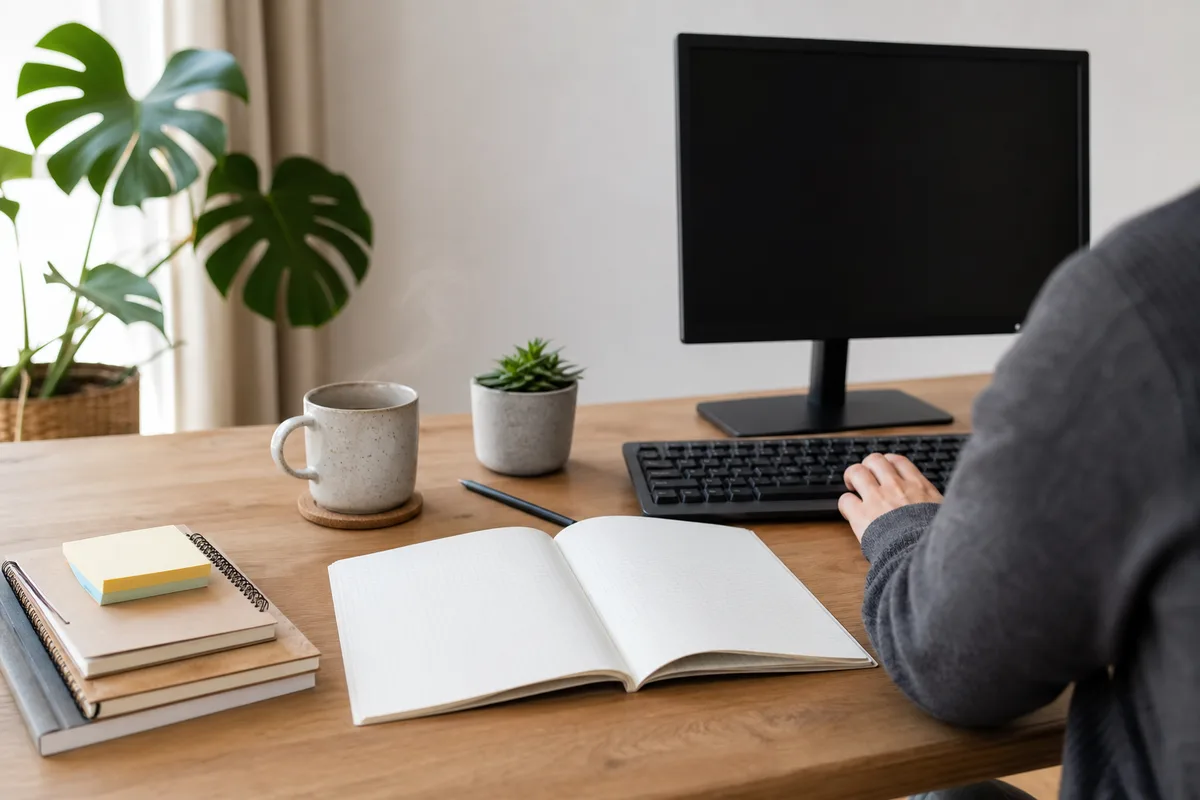 Étudiant en reconversion travaillant sur un projet de site personnel avec des notes de formation