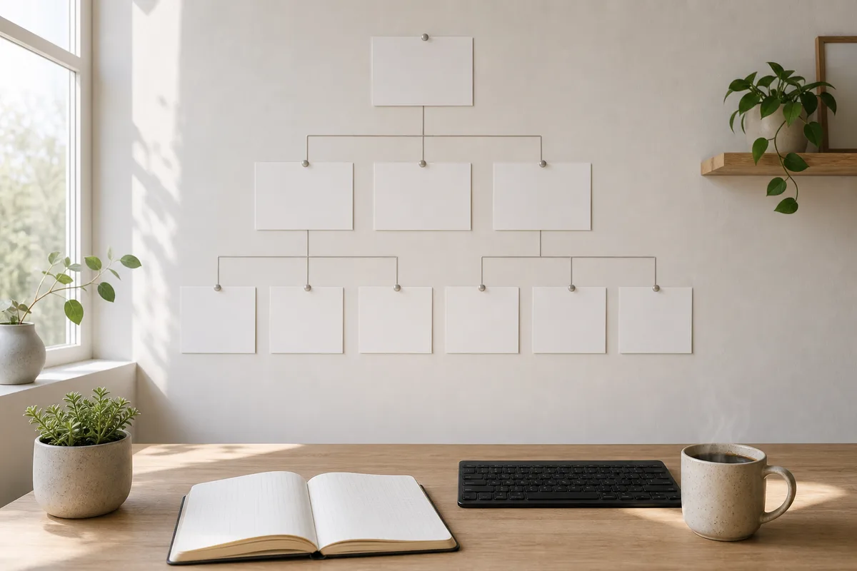 Arborescence de site représentée par des cartes reliées entre elles sur un mur