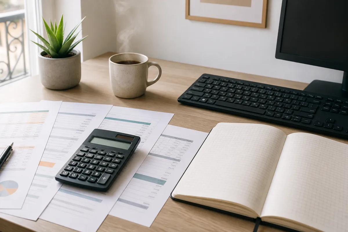 Calculatrice, propositions chiffrées et carnet posés sur un bureau de travail